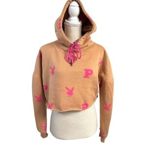 Playboy Misguided Crop Hoodie Dolman Sleeve Tan w/ Pink logo